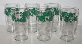 Set Of 6 Federal 4.  75 " Clear Glass Tumblers Green Southern Ivy Match Hazel Atlas