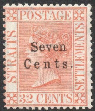 Straits Settlements: 1879 Sg 21 7c On 32c Pale Red No Gum Cat £180 (33292)