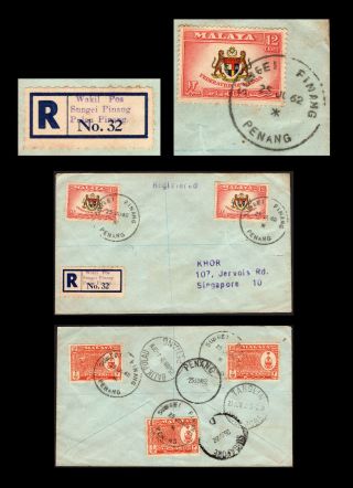Malaya/malaysia Penang 1962 Regd Cover To Singapore,  Sungei Pinang Skeleton P/m