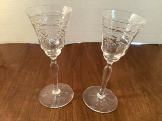 Set Of 2 Vintage Stemmed Claret Wine Cordial Glasses Cut Floral Leaf Design