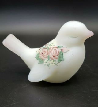 Vintage Fenton Art Glass Opal Satin Bird Figurine Hand Painted Rose Garden