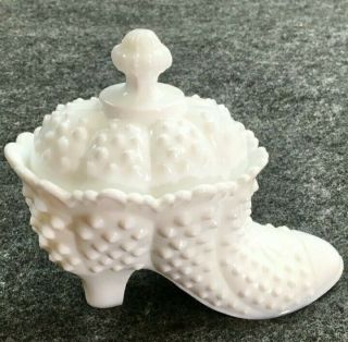 Vintage Fenton Hobnail Milk Glass White Boot Shoe Candy Dish With Lid Po