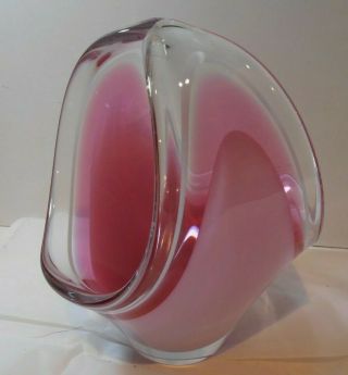 Flygsfors Pink & White Clear Cased Glass Basket Signed Scandinavian Art Glass