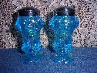 Fenton Art Glass Blue Green Teal Carnival Roses Salt And Pepper Shakers