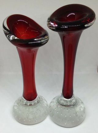Vintage Pair Swedish Aseda Glasbruk Jack In The Pulpit Controlled Bubble - Red