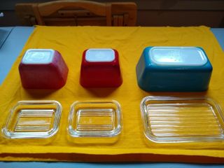 Vintage Pyrex Refrigerator Dishes & Lids [3] 2.  501 1.  502 Red & Blue