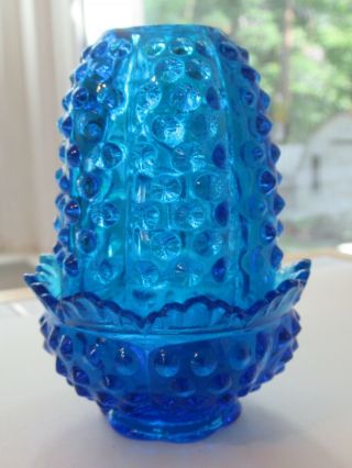 Glass Hobnail Fairy Lamp Blue Mid Century Candle Holder