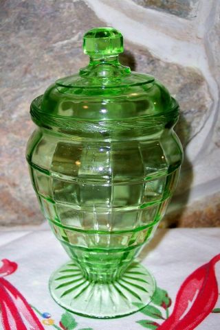 Block Optic Candy Jar With Lid = Pretty Green Depression Glass Anchor Hocking