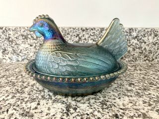 Vintage Blue Iridescent Carnival Glass Chicken Hen On Nest Dish Bowl 5 " Tall