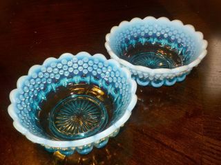 Fenton Hobnail Blue Opalescent Two Small Bonbon Bowls. .  Wow