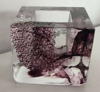 Kosta Boda Cube Brick Tea Light Clear Glass With Purple Waves 3.  5 " Signed