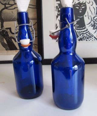 Vintage Cobalt Blue Glass Bottles With Wire Bale 9.  5 ",  1 Cobalt Bottle W Cap