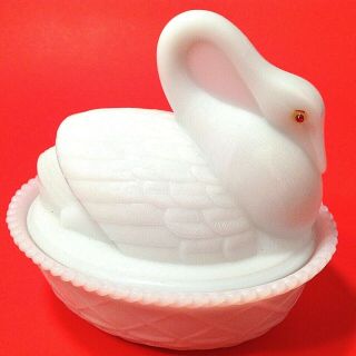 Nesting Swan Covered Dish Vintage Milk Glass 5 1/2 " Bowl Candy Nut