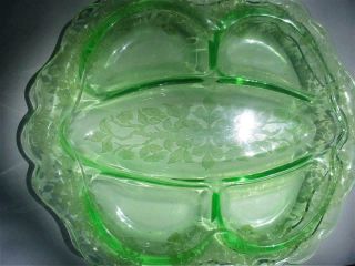Vintage Cambridge Green Apple Blossom Divided 12 " Elegant Glass Tray Dish