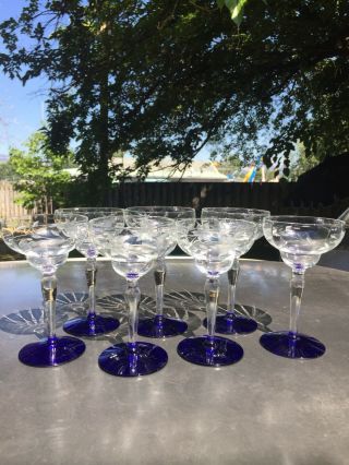 7 Vintage Champagne Glasses.  Clear Etched With Cobalt Blue Foot Weston?