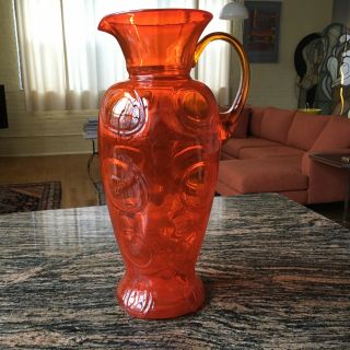 Vintage Mid Century Art Glass Pitcher Vase Orange W/ Handle