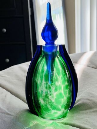 Murano Italian Hand Blown Glass Perfume Bottle Blue Green Spatter Long Topper
