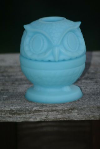 Vintage Fenton Blue Satin Glass Owl Fairy Lamp