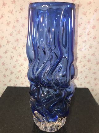 10” Murano / Studio Cobalt Blue And Clear Twisted Blown Heavy Glass Vase