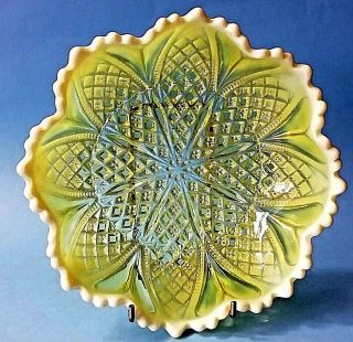 Davidson Vaseline Glass Yellow Pearline With Hearts Fluted Bowl C1920 