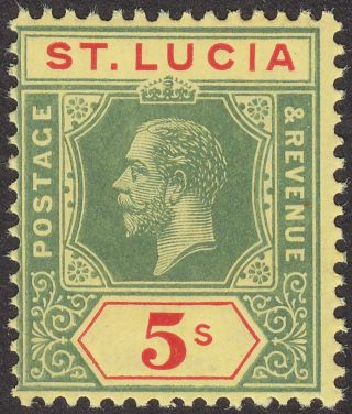 St Lucia 1923 Kgv 5sh Green And Red On Pale Yellow Um Sg105 Cat £60 Mnh