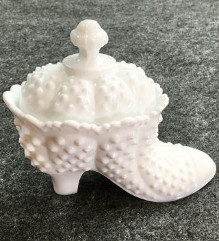 Vintage Fenton Hobnail Milk Glass White Boot Shoe Candy Dish With Lid Po