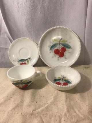 Westmoreland Milk Glass Beaded Edge Salad Plate Saucer Bowl And Cup Fruit Cherry