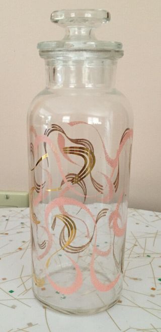 Vtg Retro Apothecary Glass Jar Mid Century Modern Print Pink Gold Atomic Cotton