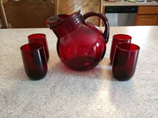 Vintage Anchor Hocking Ball Tilt Ruby Red Glass Juice Pitcher With 4 Glasses
