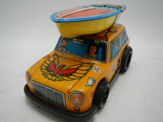 MIGHTY MOUSE Mini Cooper with boat on top friction tin toy Yone Japan vintage 2