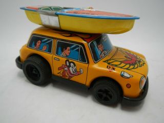 MIGHTY MOUSE Mini Cooper with boat on top friction tin toy Yone Japan vintage 3