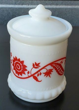 Vintage Hazel Atlas Milk Glass Sugar Cup Condiment Jar Lid Rare Red Sweet Pea