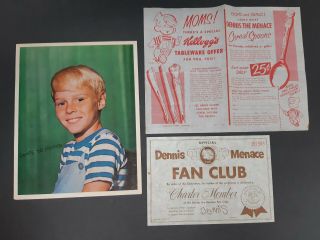 Vintage Dennis The Menace 8 " X 10 " Fan Club Photo,  Certificate,  Product Offer