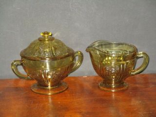 Vintage Sharon / Cabbage Rose Depression Glass Sugar Bowl & Creamer Set - Amber