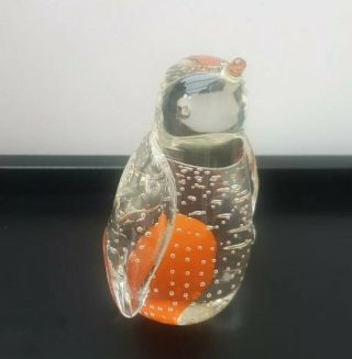 Vintage Murano Art Glass Paperweight Penguin Clear Control Bubbles Orange