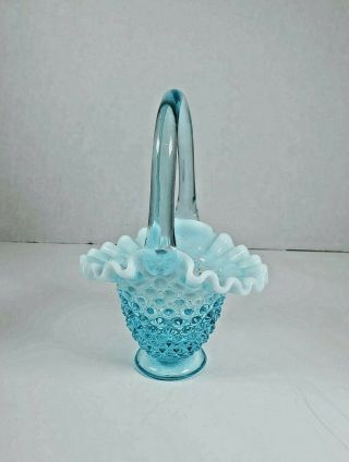 Fenton Art Opalescent Hobnail Blue Glass Basket 6 " Tall