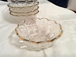 5 Vintage Berry Dessert Bowls Clear Glass Thumbprint Scalloped Rim Gold Trim