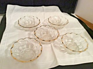 5 Vintage Berry Dessert Bowls Clear Glass Thumbprint Scalloped Rim Gold Trim 2