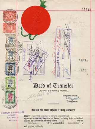 1955 South Africa Deed Of Transfer.  A Scarce Mixed Reign Fine Revenue Document.