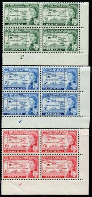 Jamaica 1958 West Indies Federation Inscription Blocks,  Nh 175 - 77