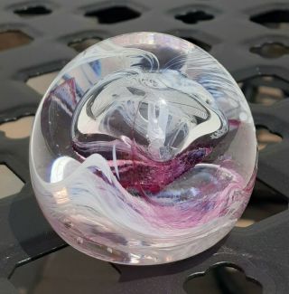 Caithness Scotland Moon Crystal Clear Glass W/pink & White Swirl Paperweight