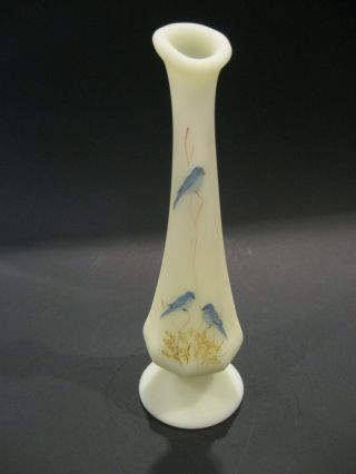 Vintage Fenton Art Glass Hand Painted Blue Bird Bud Vase Satin Custard Signed