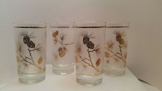 Vintage Libbey Mcm Frosted Glass Tumblers With Gold Pine Cone Pattern Set Of 4