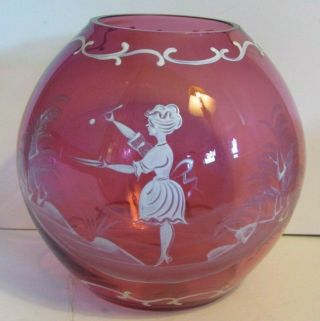 Vintage Mary Gregory Cranberry Round Ball Vase W/ Lady Painting