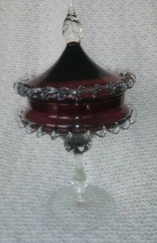 Vtg Mid - Century Lidded Glass Candy Dish Delicately Edged Garnet Red And Clear