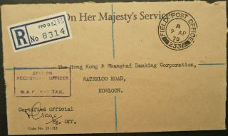 Hong Kong 9 Apr 1970 Registered Official Cover From R.  A.  F Kai Tak To Kowloon