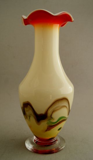 Vintage Art Glass Vase With Swirled Colors At Base White Neck Red Mouth 7.  5 "