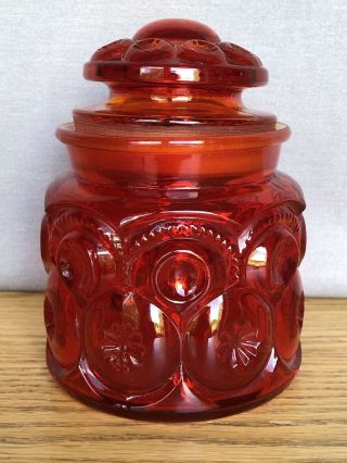 Vtg L E Smith Moon And Stars Red Glass Canister Jar W/ Lid 5 " Tall - Perfect