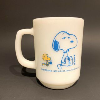 Vintage 1965 Snoopy Woodstock Fire King Milk Glass Mug Cup " Coffee Break "