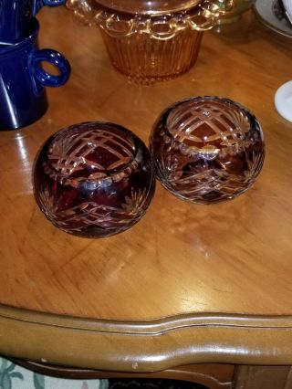 Vintage 2 Piece Cut To Clear Bohemian Crystal Votive Candle Holder Set 2.  5”